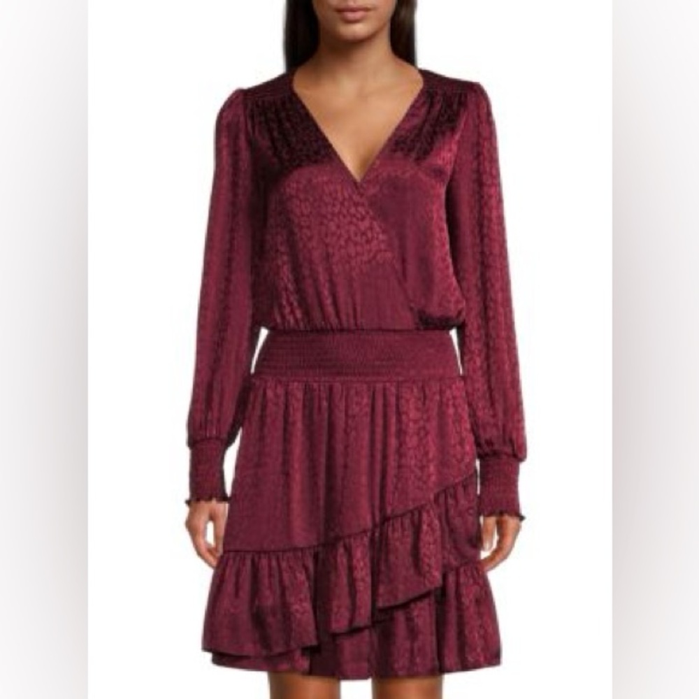 Michael Michael Kors Julia Cheetah Print Smocked Mini Dress NWT Dark Ruby XS